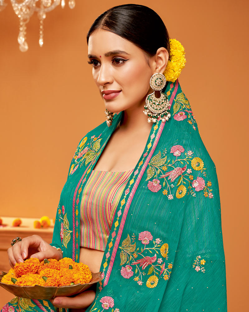 Vishal Prints Teal Green Designer Chiffon Saree With Embroidery-Diamond Work And Fancy Border