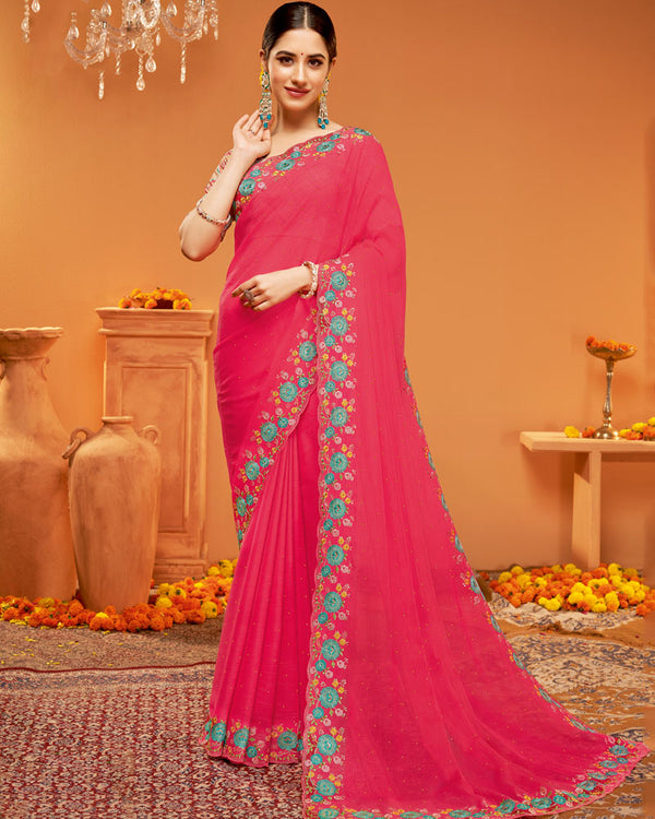 Vishal Prints Amaranth Pink Designer Chiffon Saree With Embroidery-Diamond Work And Fancy Border