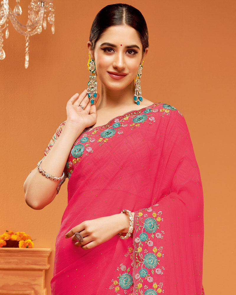 Vishal Prints Amaranth Pink Designer Chiffon Saree With Embroidery-Diamond Work And Fancy Border