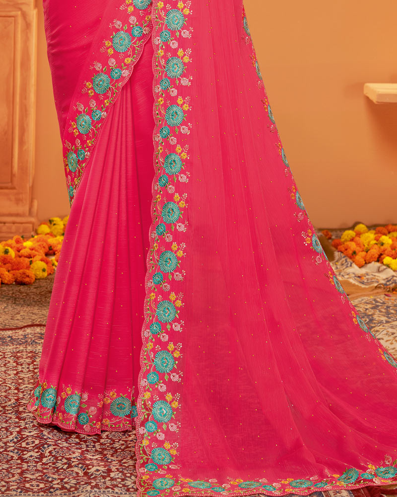 Vishal Prints Amaranth Pink Designer Chiffon Saree With Embroidery-Diamond Work And Fancy Border