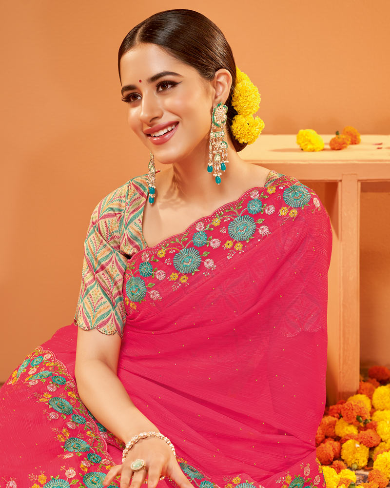 Vishal Prints Amaranth Pink Designer Chiffon Saree With Embroidery-Diamond Work And Fancy Border
