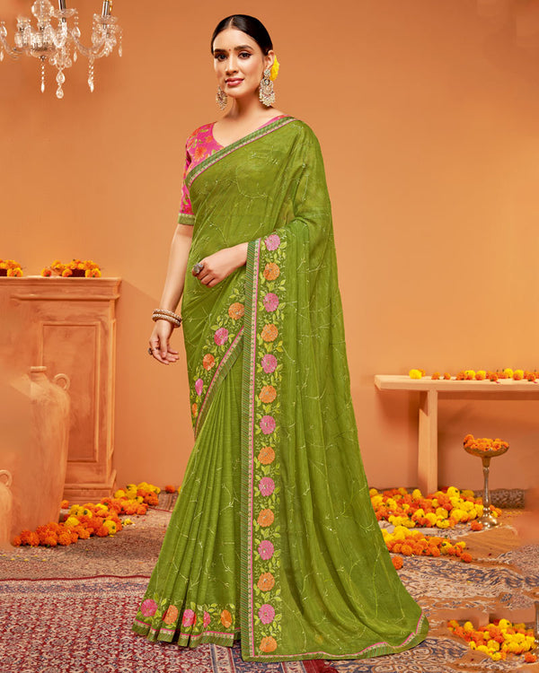 Vishal Prints Mehandi Green Designer Chiffon Saree With Embroidery-Diamond Work And Fancy Border