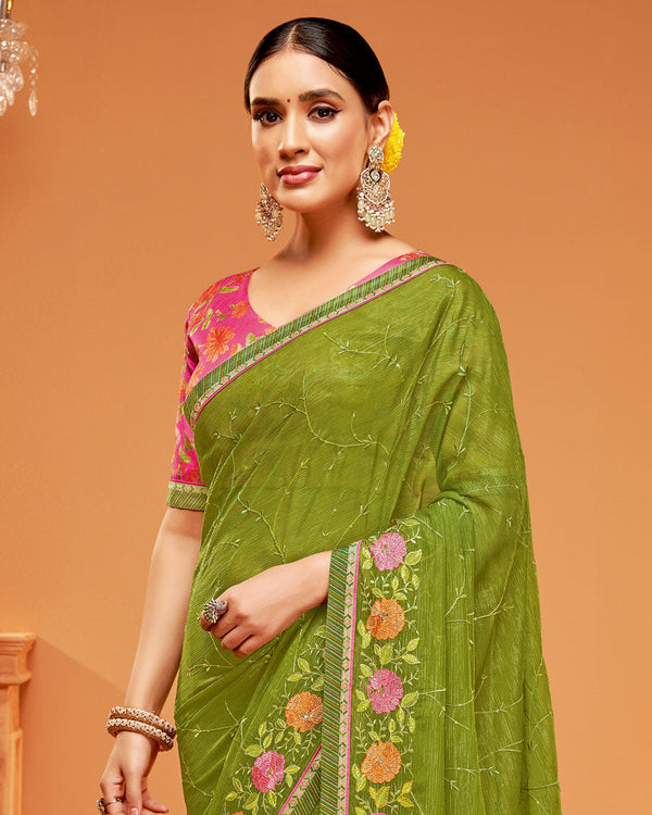 Vishal Prints Mehandi Green Designer Chiffon Saree With Embroidery-Diamond Work And Fancy Border