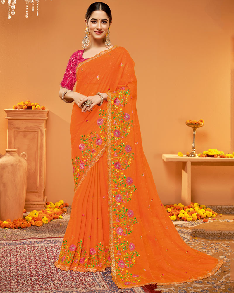 Vishal Prints Flame Orange Designer Chiffon Saree With Embroidery-Diamond Work And Fancy Border