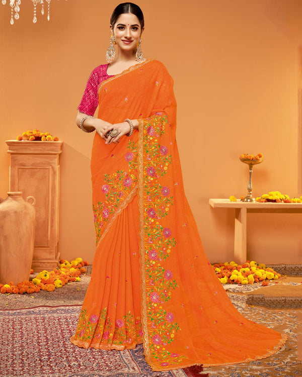 Vishal Prints Flame Orange Designer Chiffon Saree With Embroidery-Diamond Work And Fancy Border
