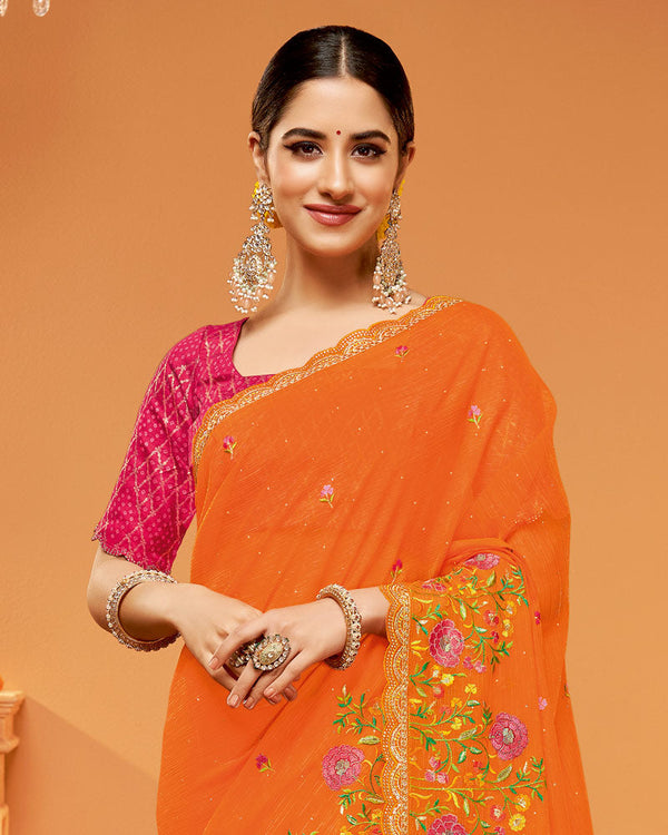 Vishal Prints Flame Orange Designer Chiffon Saree With Embroidery-Diamond Work And Fancy Border