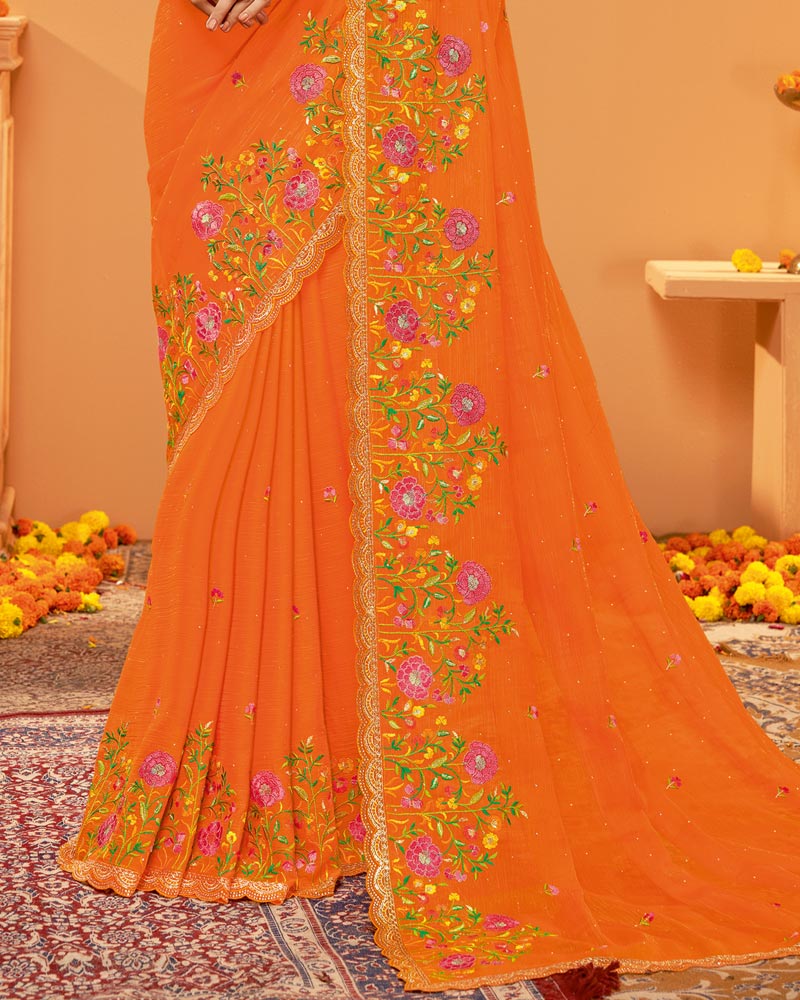 Vishal Prints Flame Orange Designer Chiffon Saree With Embroidery-Diamond Work And Fancy Border