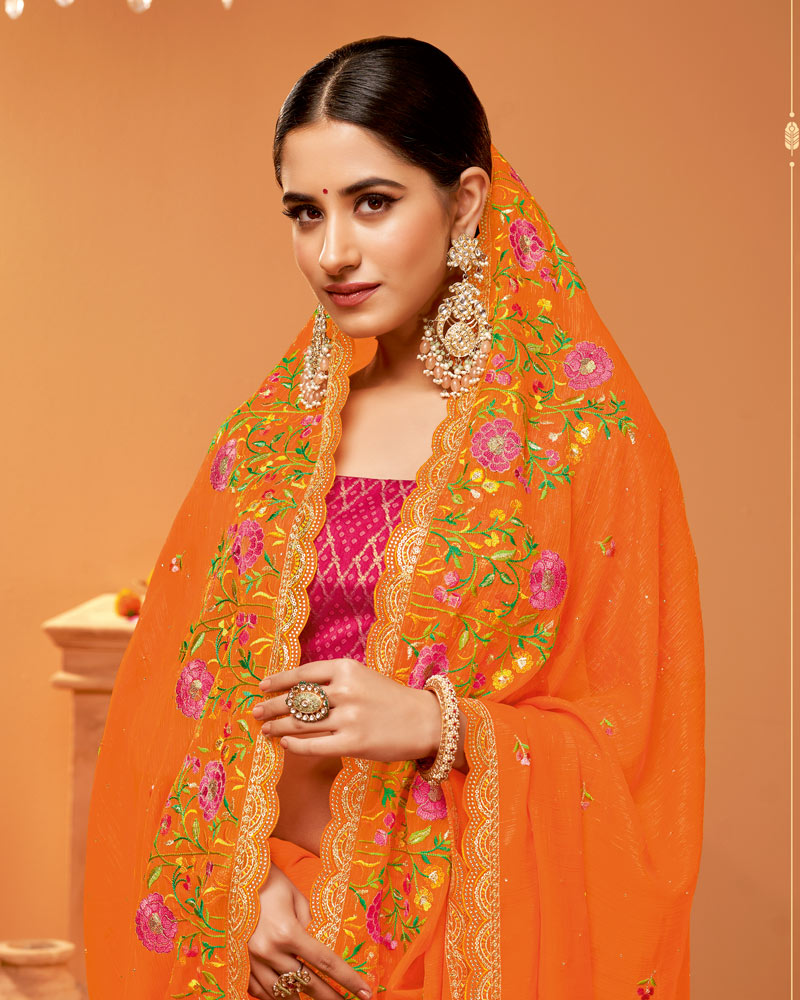 Vishal Prints Flame Orange Designer Chiffon Saree With Embroidery-Diamond Work And Fancy Border