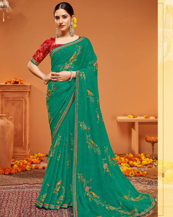 Vishal Prints Deep Sea Green Designer Chiffon Saree With Embroidery-Diamond Work And Fancy Border