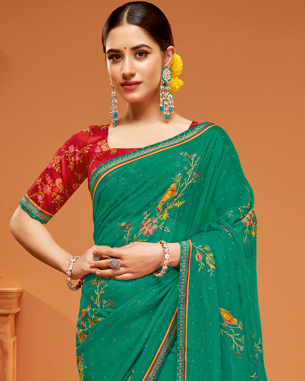 Vishal Prints Deep Sea Green Designer Chiffon Saree With Embroidery-Diamond Work And Fancy Border