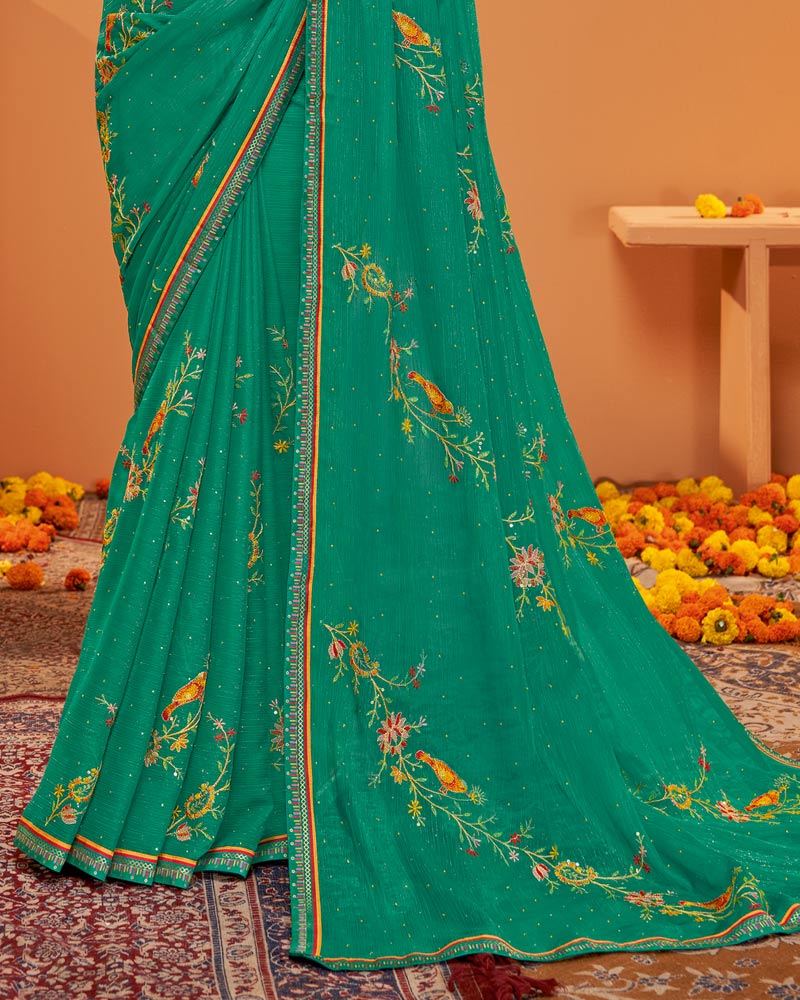 Vishal Prints Deep Sea Green Designer Chiffon Saree With Embroidery-Diamond Work And Fancy Border