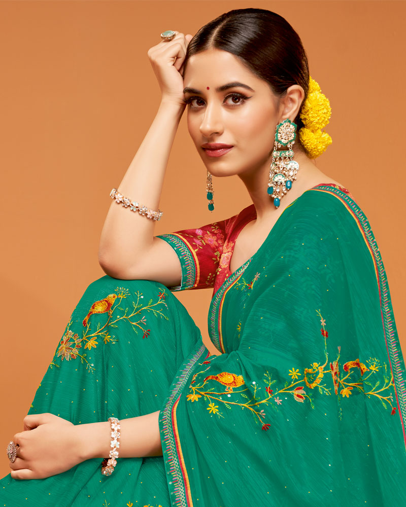 Vishal Prints Deep Sea Green Designer Chiffon Saree With Embroidery-Diamond Work And Fancy Border