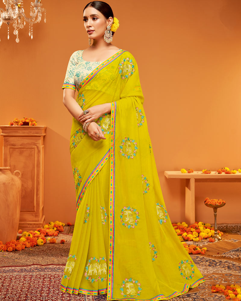 Vishal Prints Dark Mustard Yellow Designer Chiffon Saree With Embroidery-Diamond Work And Fancy Border