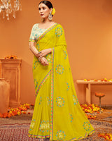 Vishal Prints Dark Mustard Yellow Designer Chiffon Saree With Embroidery-Diamond Work And Fancy Border