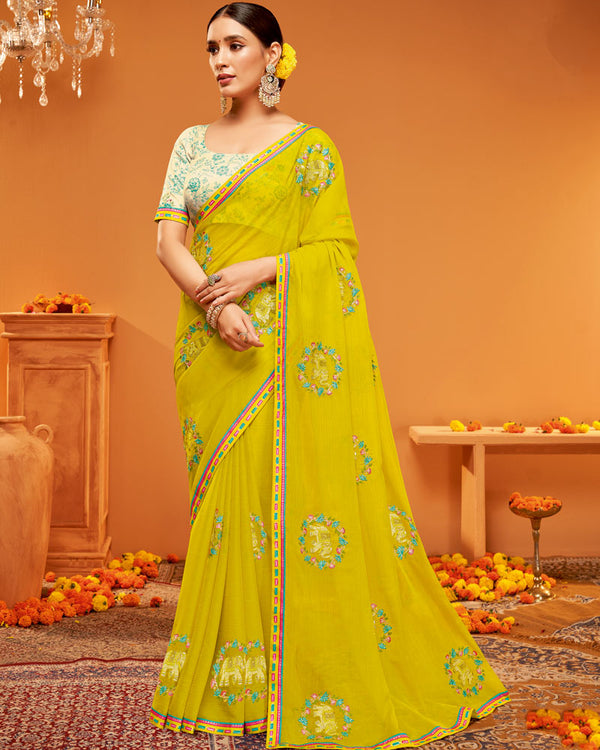 Vishal Prints Dark Mustard Yellow Designer Chiffon Saree With Embroidery-Diamond Work And Fancy Border