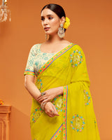 Vishal Prints Dark Mustard Yellow Designer Chiffon Saree With Embroidery-Diamond Work And Fancy Border