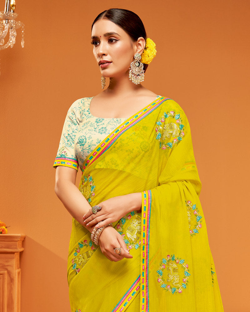 Vishal Prints Dark Mustard Yellow Designer Chiffon Saree With Embroidery-Diamond Work And Fancy Border