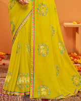 Vishal Prints Dark Mustard Yellow Designer Chiffon Saree With Embroidery-Diamond Work And Fancy Border