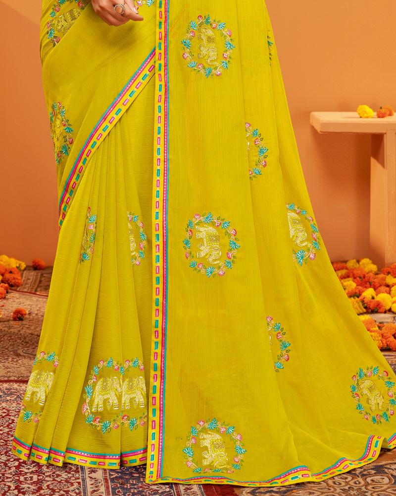 Vishal Prints Dark Mustard Yellow Designer Chiffon Saree With Embroidery-Diamond Work And Fancy Border