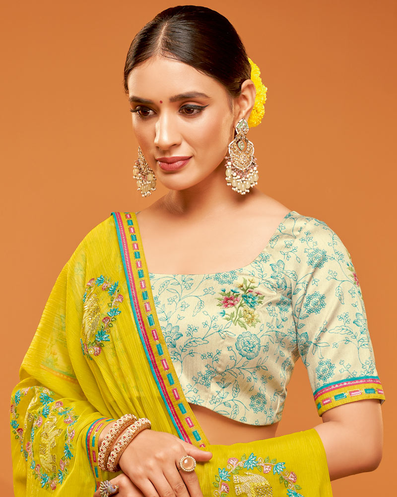 Vishal Prints Dark Mustard Yellow Designer Chiffon Saree With Embroidery-Diamond Work And Fancy Border