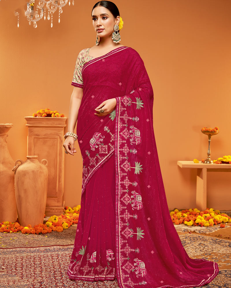 Vishal Prints Purple Red Designer Chiffon Saree With Embroidery-Diamond Work And Fancy Border