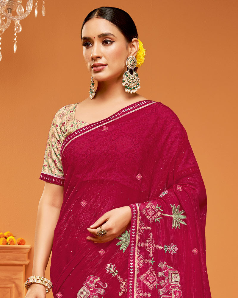 Vishal Prints Purple Red Designer Chiffon Saree With Embroidery-Diamond Work And Fancy Border