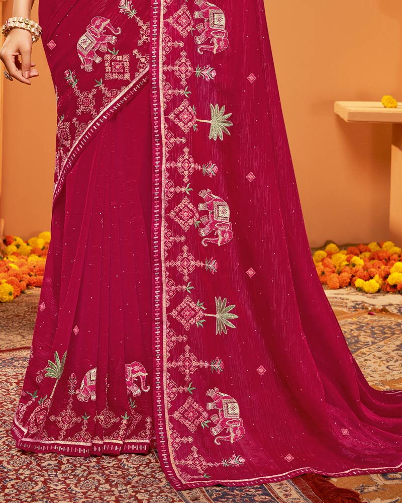 Vishal Prints Purple Red Designer Chiffon Saree With Embroidery-Diamond Work And Fancy Border