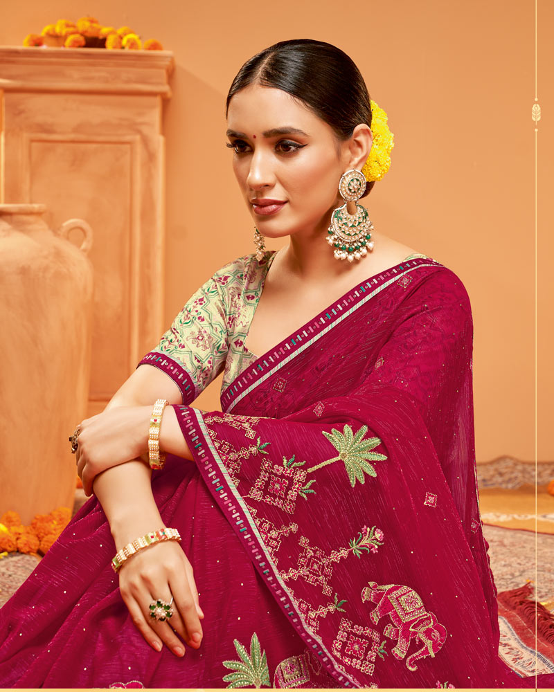 Vishal Prints Purple Red Designer Chiffon Saree With Embroidery-Diamond Work And Fancy Border