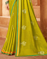 Vishal Prints Olive Yellow Printed Chiffon Saree With Foil Print And Fancy Border