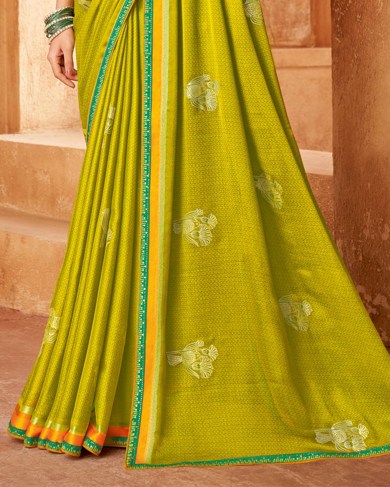 Vishal Prints Olive Yellow Printed Chiffon Saree With Foil Print And Fancy Border