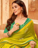 Vishal Prints Olive Yellow Printed Chiffon Saree With Foil Print And Fancy Border
