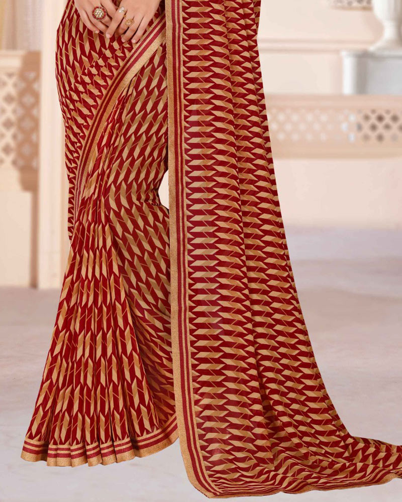 Vishal Prints Dark Red Printed Georgette Saree With Printed Fancy Border