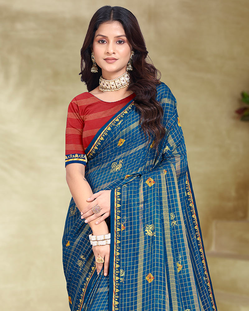 Vishal Prints Peacock Blue Printed Patterned Chiffon Saree With Foil Print And Fancy Border