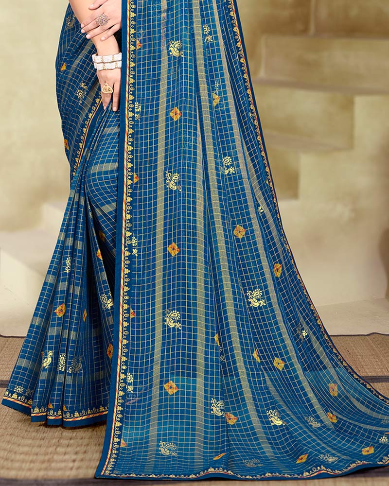 Vishal Prints Peacock Blue Printed Patterned Chiffon Saree With Foil Print And Fancy Border