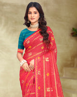 Vishal Prints Crimson Red Printed Patterned Chiffon Saree With Foil Print And Fancy Border