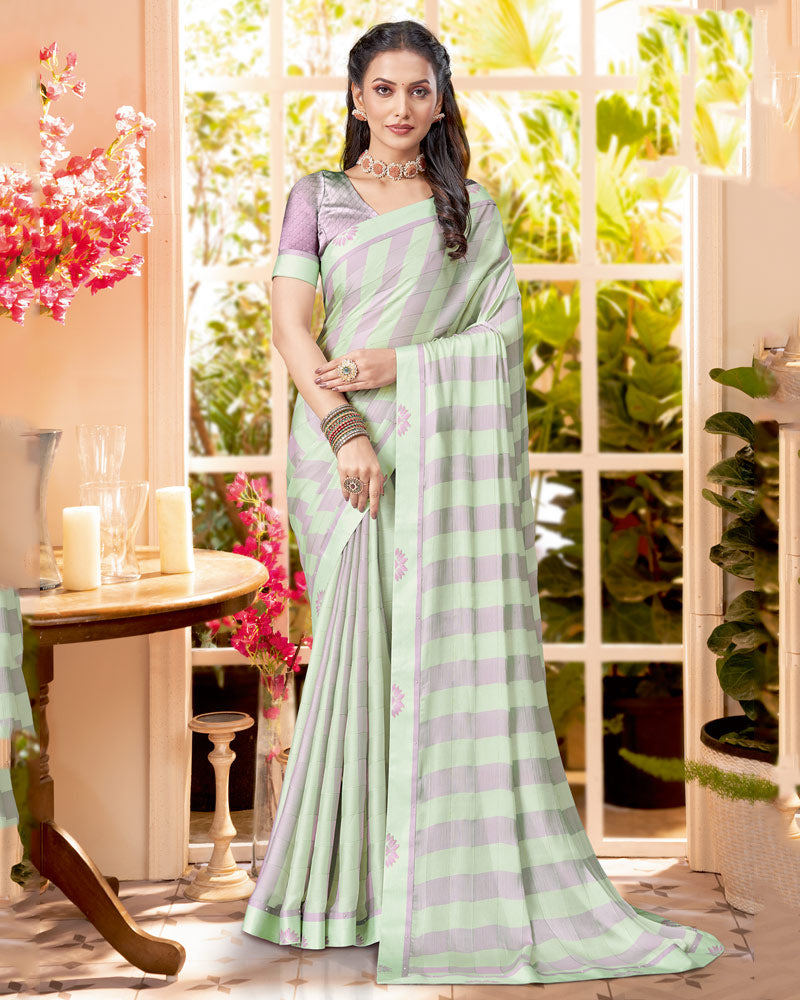 Vishal Prints Pastel Green Checks Patterned Fancy Chiffon Saree With Digital Print Satin Border