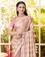 Vishal Prints Coral Pink Checks Patterned Fancy Chiffon Saree With Digital Print Satin Border