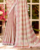Vishal Prints Coral Pink Checks Patterned Fancy Chiffon Saree With Digital Print Satin Border