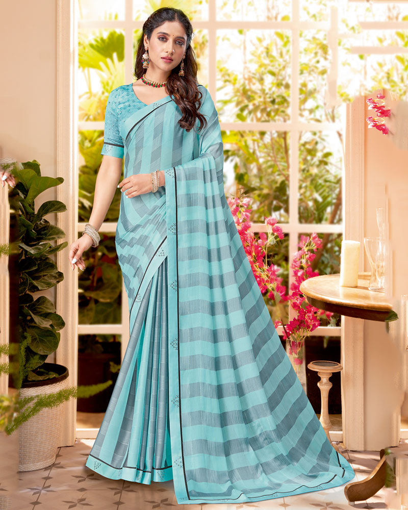 Vishal Prints Pastel Teal Green Checks Patterned Fancy Chiffon Saree With Digital Print Satin Border
