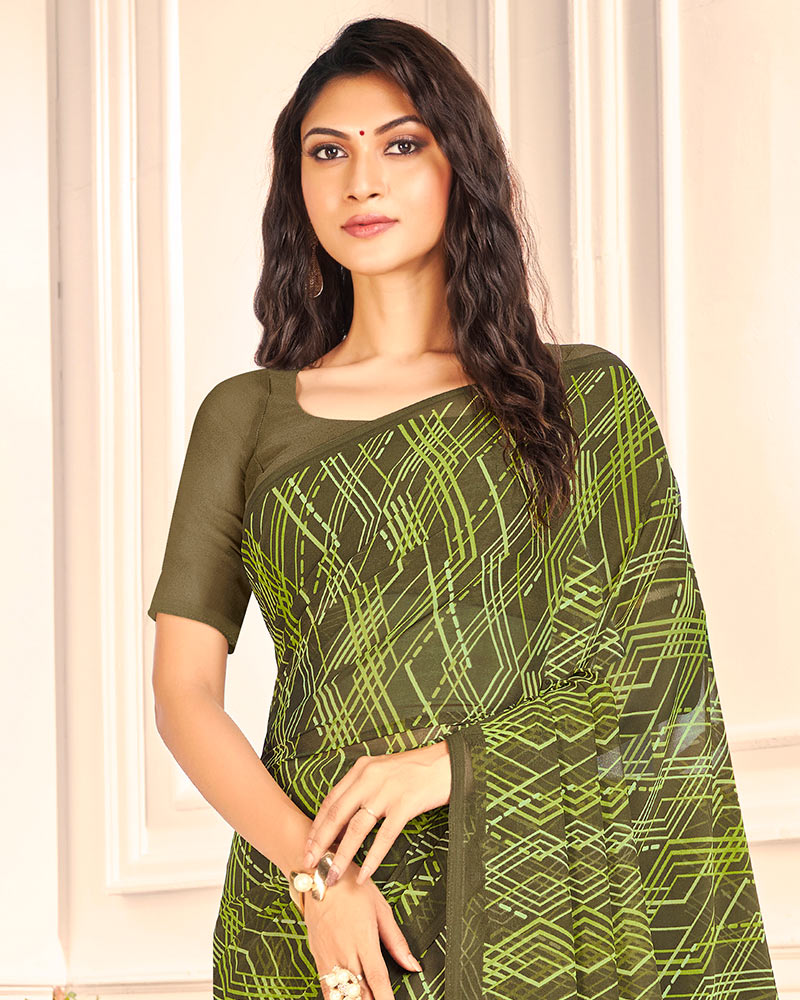 Vishal Prints Khaki Green Printed Georgette Saree