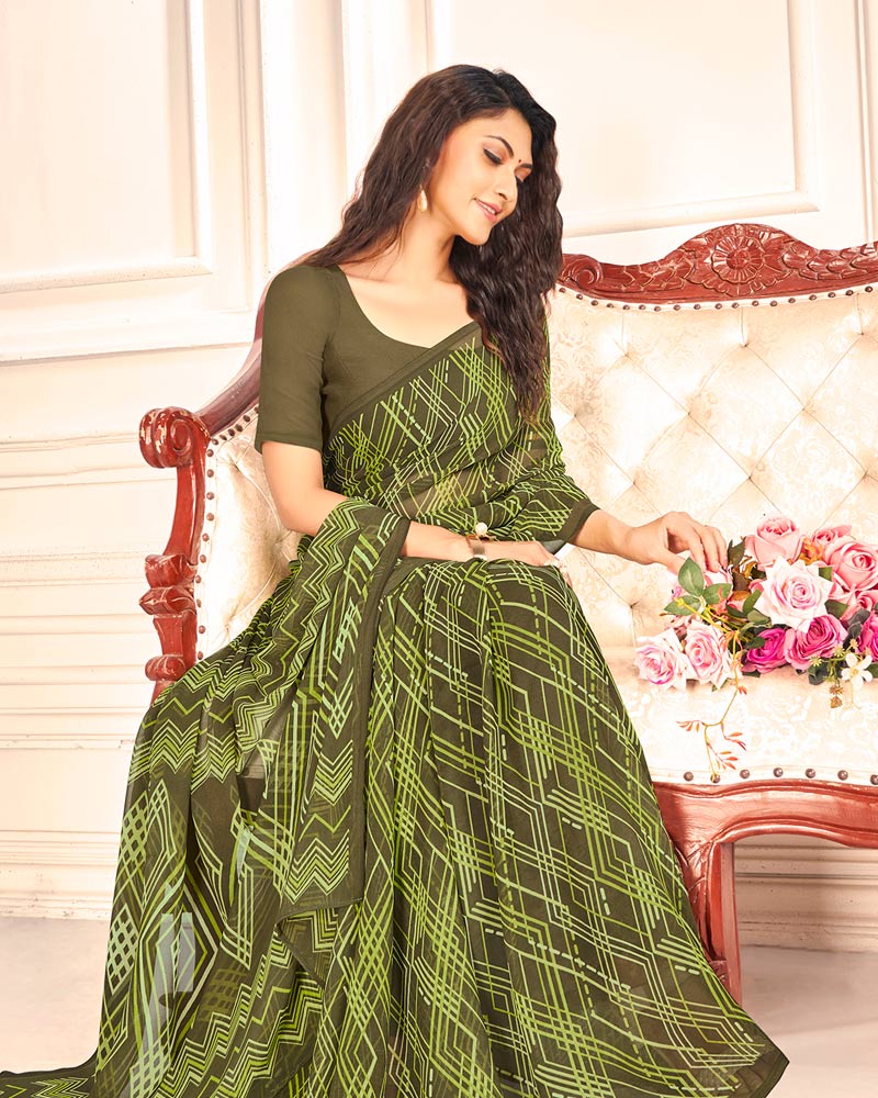 Vishal Prints Khaki Green Printed Georgette Saree Vishal Prints Khaki Green Printed Georgette Saree