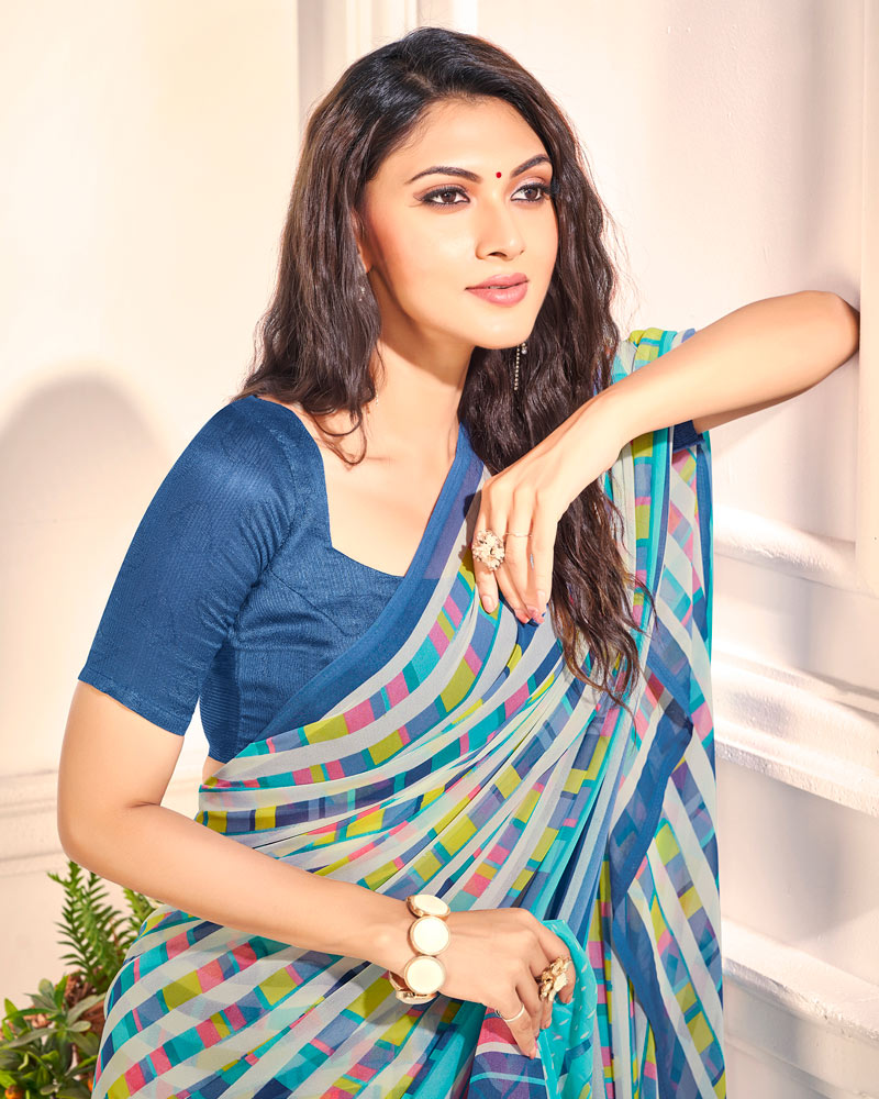 Vishal Prints Light Blue Printed Georgette Saree