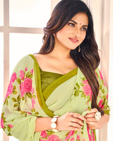 Vishal Prints Thistle Green Printed Georgette Saree
