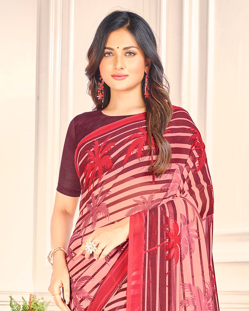 Vishal Prints Salmon And Dusty Red Printed Georgette Saree