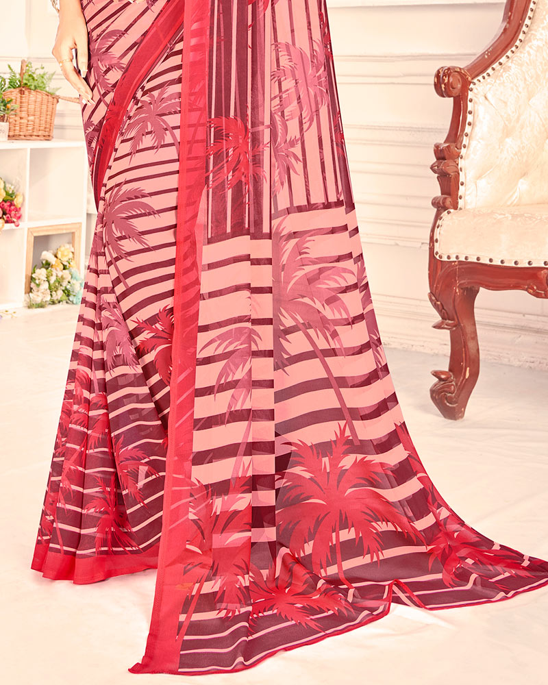Vishal Prints Salmon And Dusty Red Printed Georgette Saree