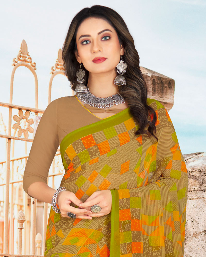 Vishal Prints Olive Yellow Printed Georgette Saree
