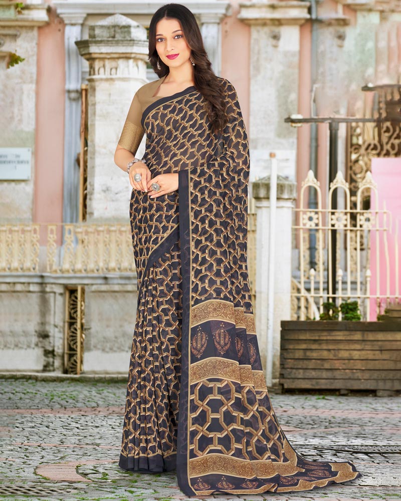Vishal Prints Dark Navy Blue Printed Georgette Saree