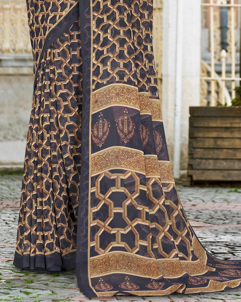 Vishal Prints Dark Navy Blue Printed Georgette Saree