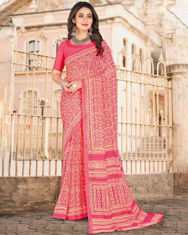Vishal Prints Red Pink Printed Georgette Saree