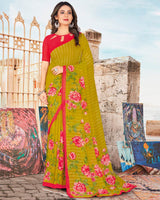 Vishal Prints Olive Yellow Printed Georgette Saree